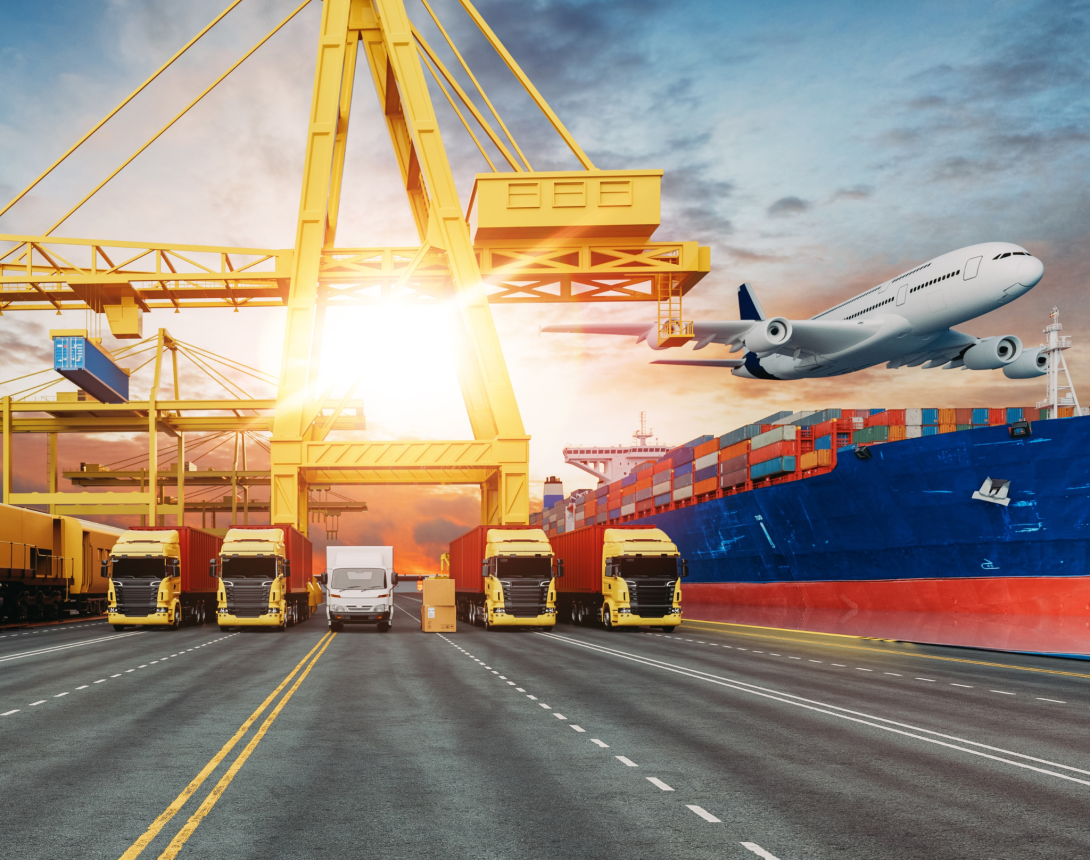 FMS port, trucks, vessel, airplaine